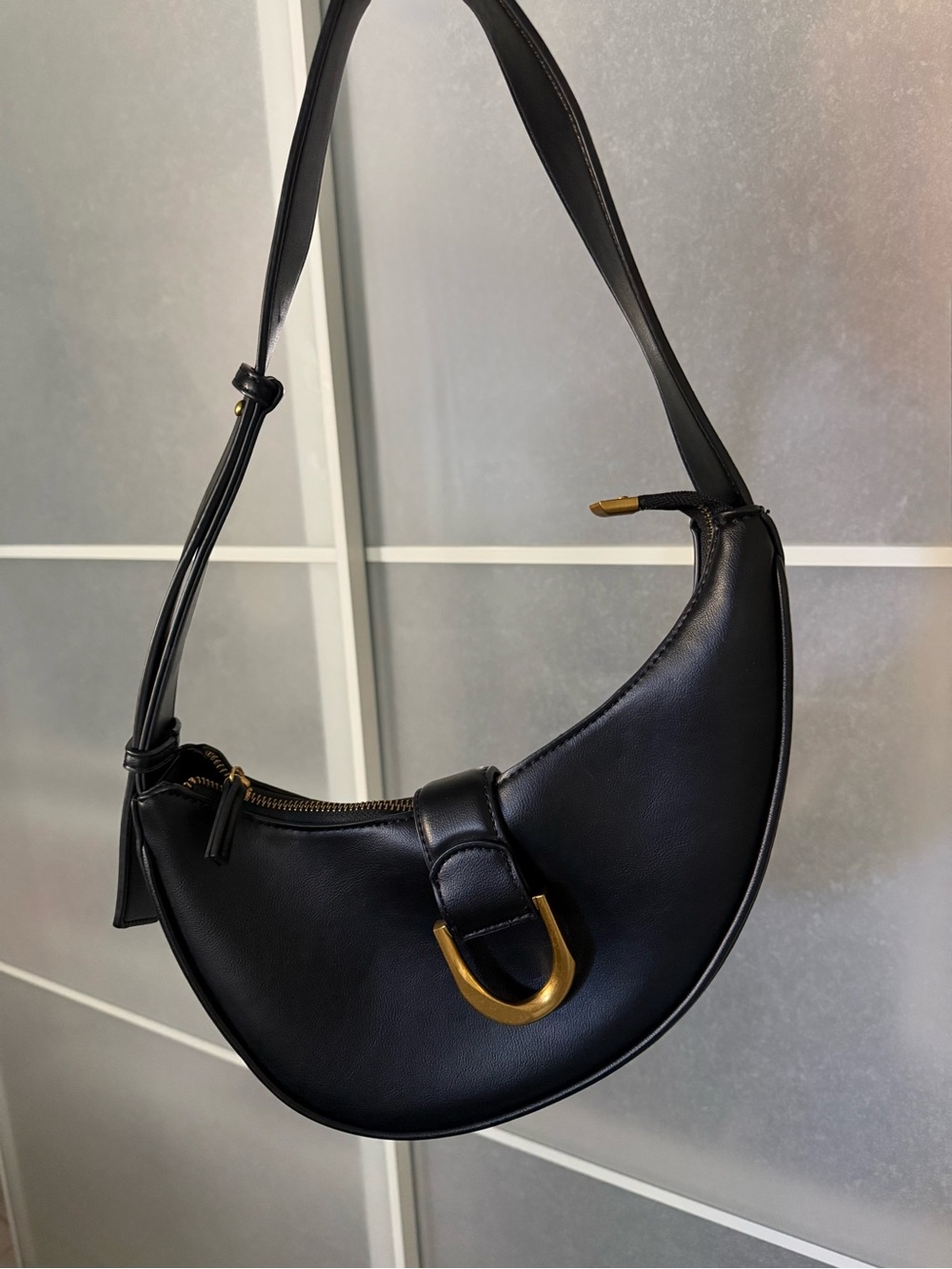 Madison West Black Crescent Shoulder Bag with Gold Buckle